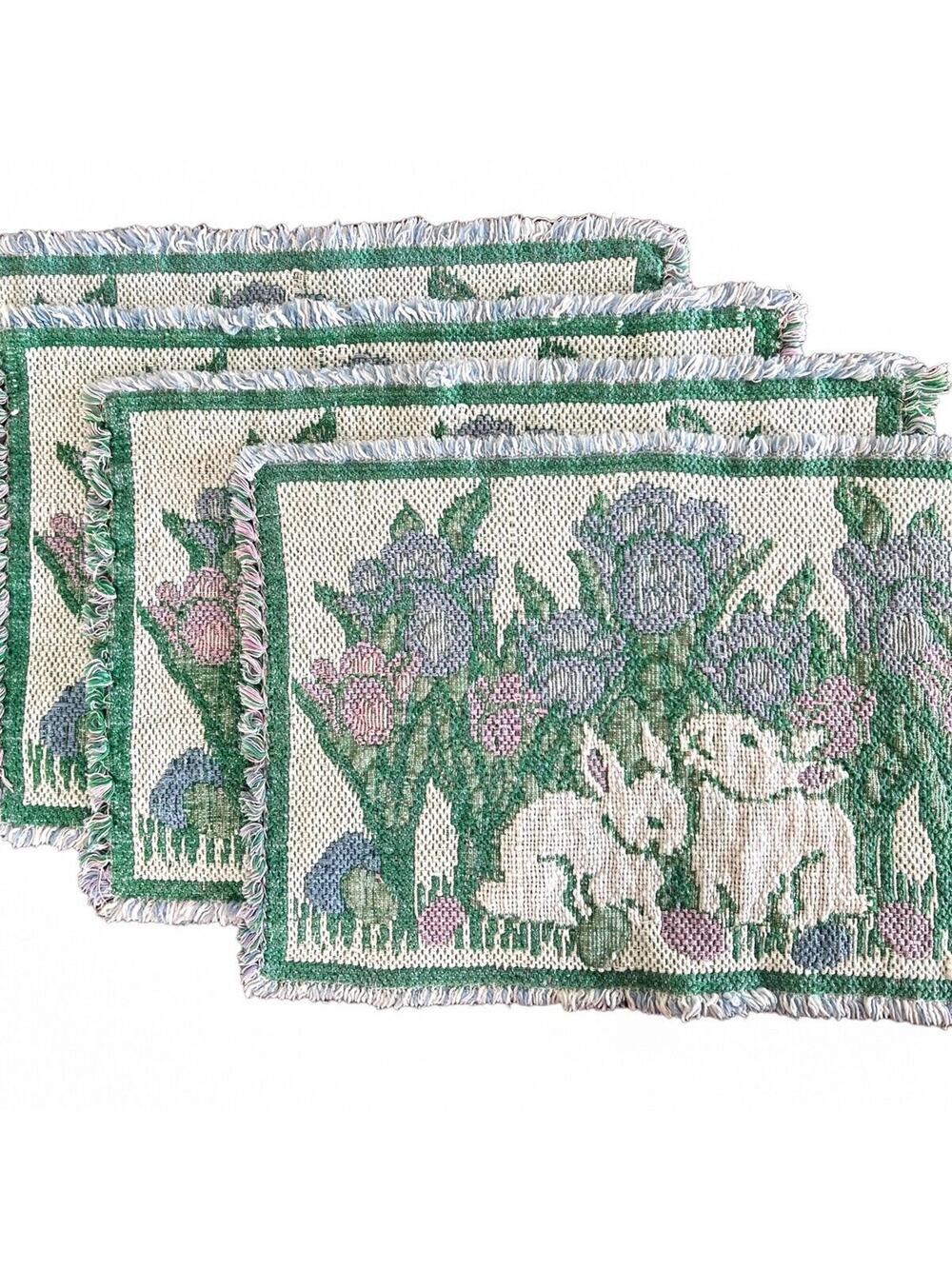 Placemats Easter Tulips Set 4 Bunny Rabbits Eggs Green Pink Spring Woven Cotton